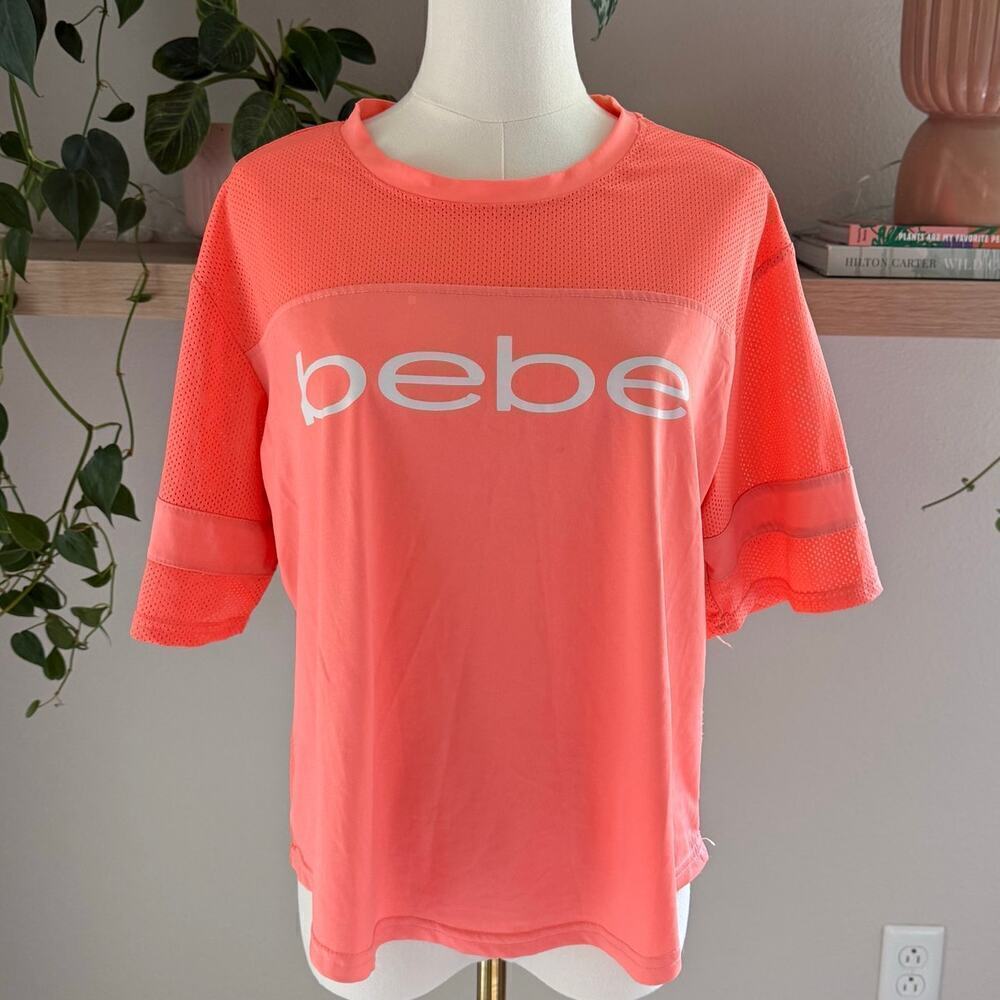 Bebe Authentic Sport Logo Mesh Tee Orange M Y2K Retro Activewear Sporty Logo
